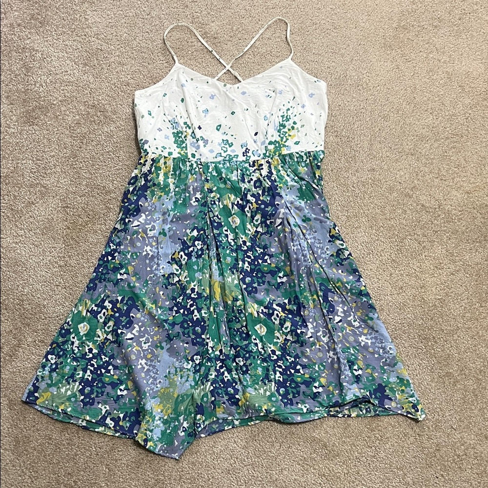 Anthropologie White & Blue Floral A-Line Sundress